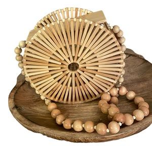 Bamboo Round Bag Purse Natural Wooden Bead Ball Strap Crossbody Travel Beachy